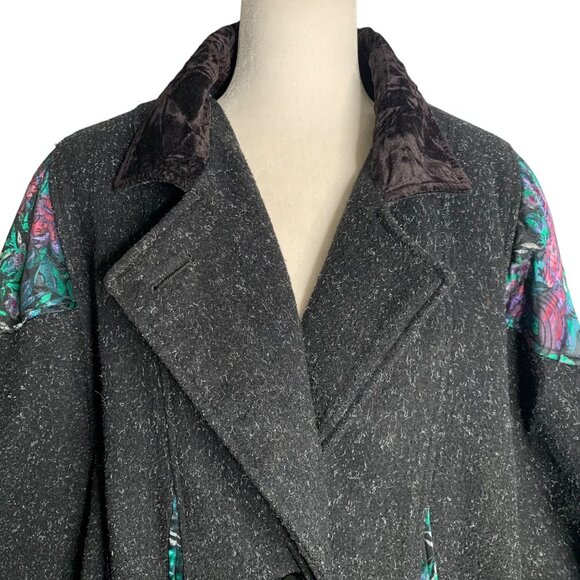Vintage Oversized Wool Blend Coat 2XL Black Floral Accents Buttons Pockets - Picture 2 of 8